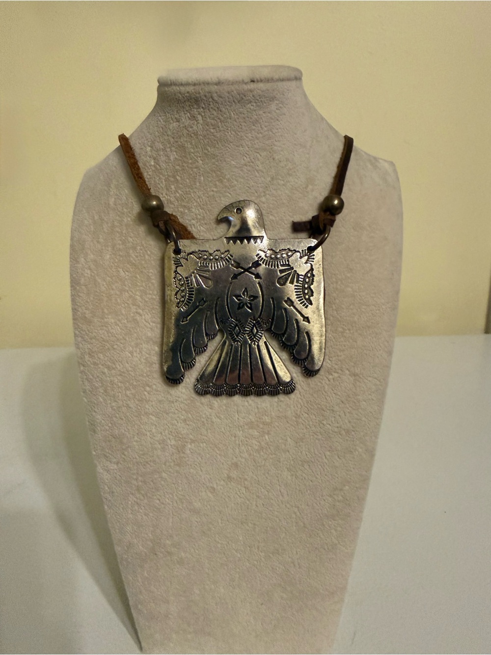 Large thunderbird adjustable leather necklace